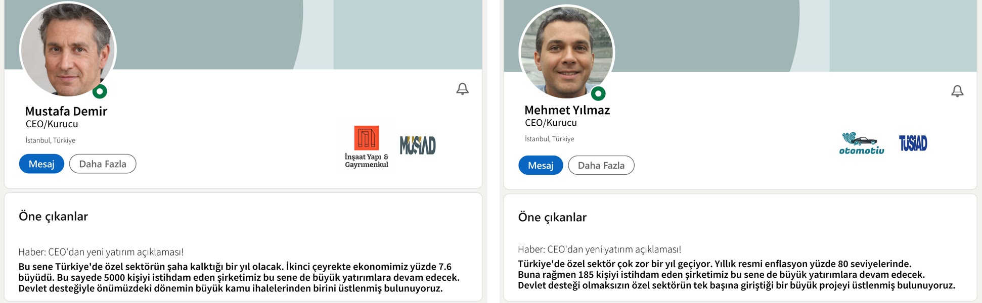 Two AI-generated LinkedIn-style profiles from the visual conjoint: a construction CEO with a public contract and MÜSİAD membership, and an automotive CEO with TÜSİAD membership