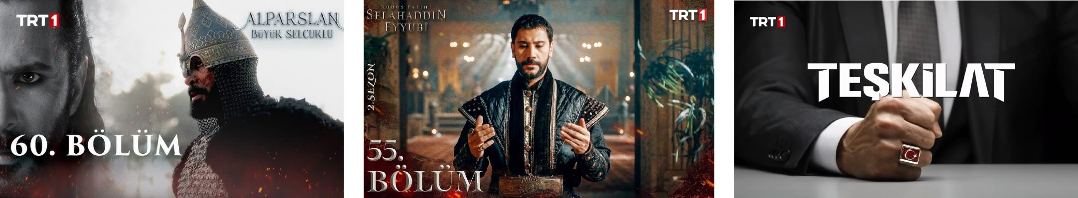 Episode art from the Turkish state-sponsored TV series Alparslan Büyük Selçuklu, Selahaddin Eyyubi, and Teşkilat